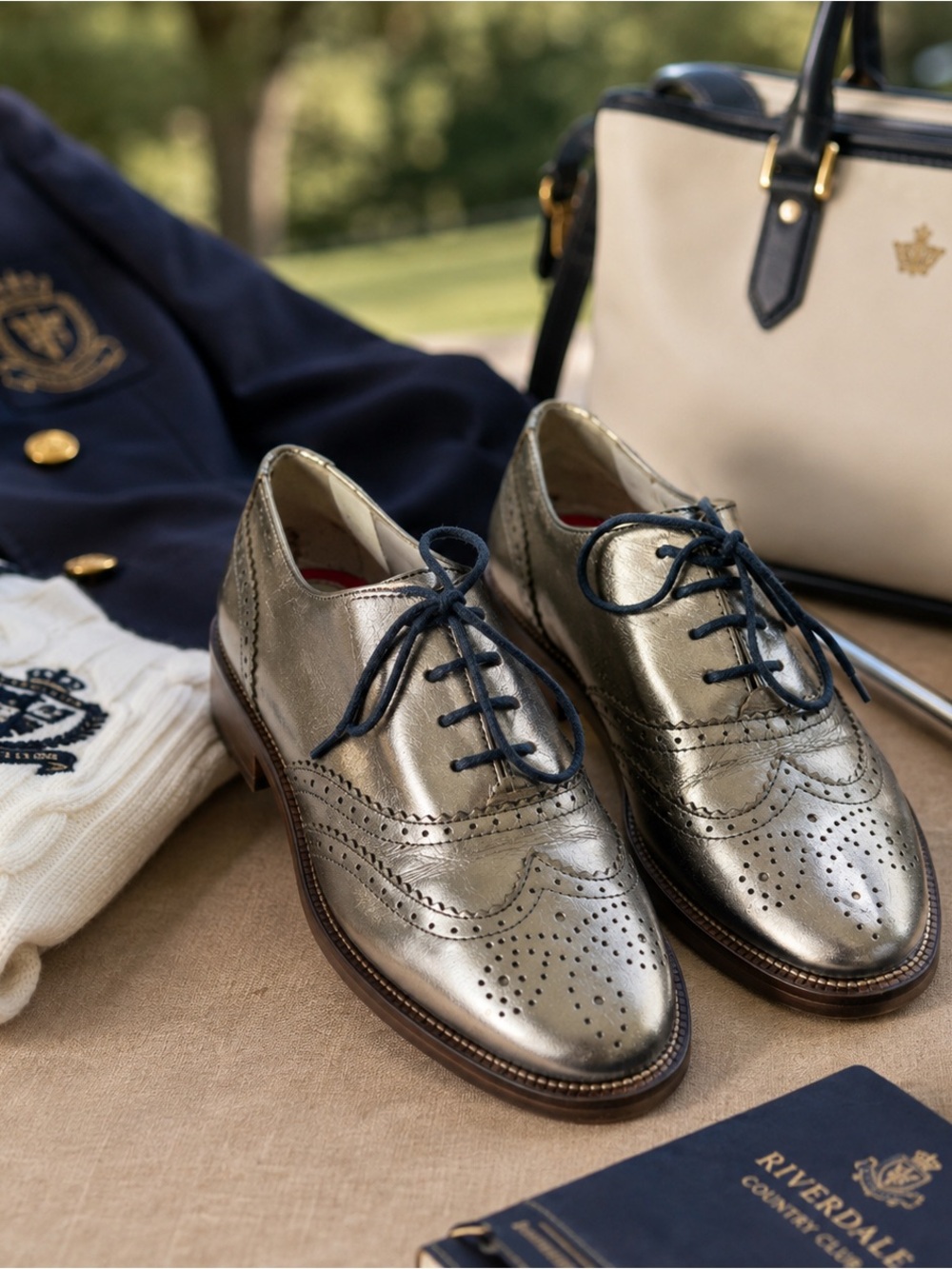 Boden Metallic Gold Leather Wingtip Oxford Shoes Brogue Lace-Up EU 36.5 /US 6